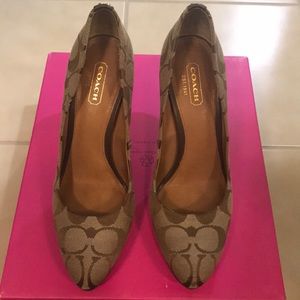 Coach Caya Women Round Toe Canvas Tan Heels